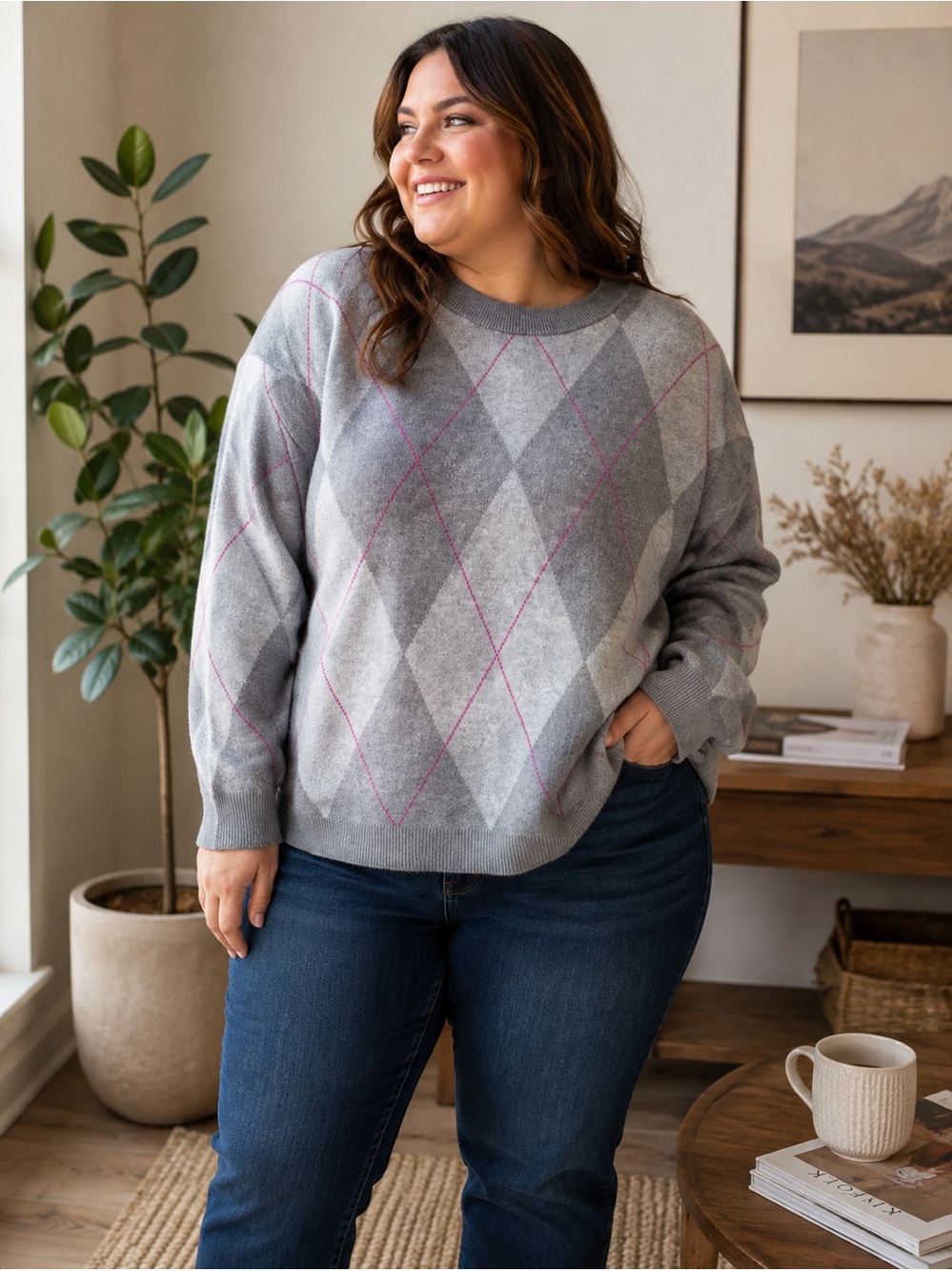 Tahari Gray Argyle Crewneck Sweater with Pink Trim